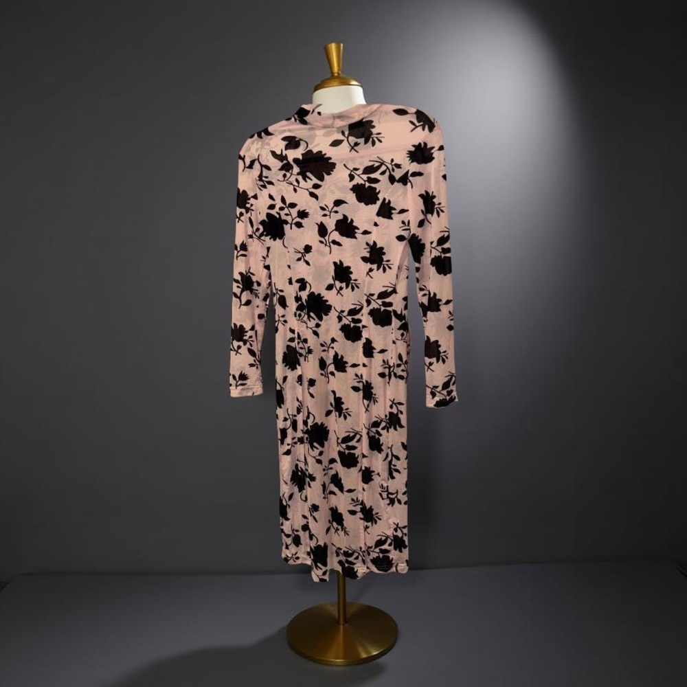 CBR SHEER DRESS SIZE  M JUNIOR PINK W BLACK FLORAL MIDI HIGH SLITS BAND COLLAR